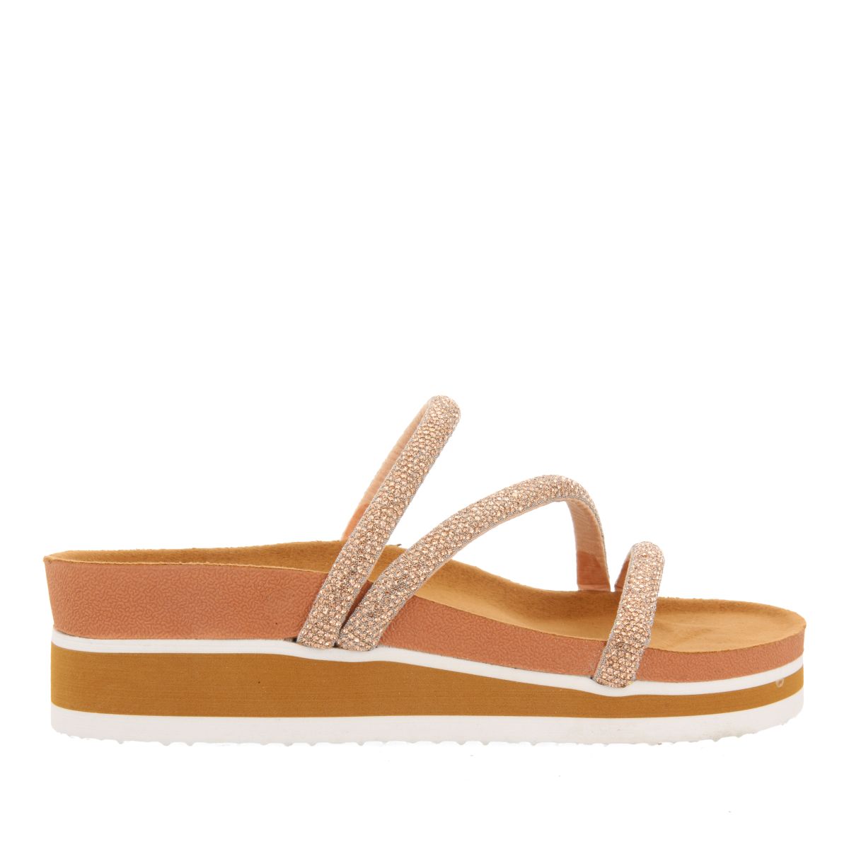 SANDALIAS CON CUÑA TIPO BIO Y TIRAS DE PEDRERÍA DORADA PARA MUJER BENCOVAC