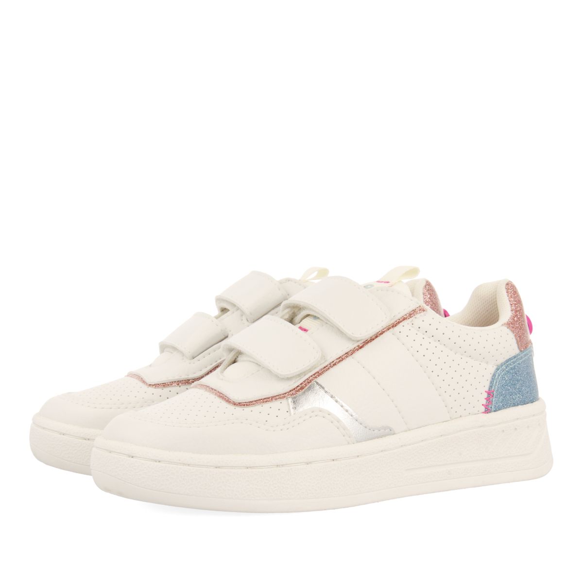 SNEAKERS BLANCAS ESTILO RETRO CON GLITTER Y DETALLES DE COLORES PARA NIÑA Y NIÑO BLERIM