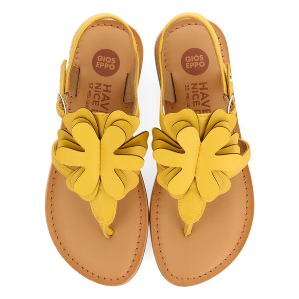 YELLOW LEATHER GREEK-STYLE SANDALS WITH FLOWER DECORATION FOR GIRL AND BOY SUKE