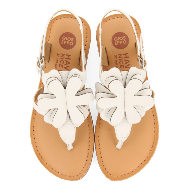 WHITE LEATHER GREEK STYLE SANDALS WITH FLOWER DECORATION FOR GIRL AND BOY SUKE