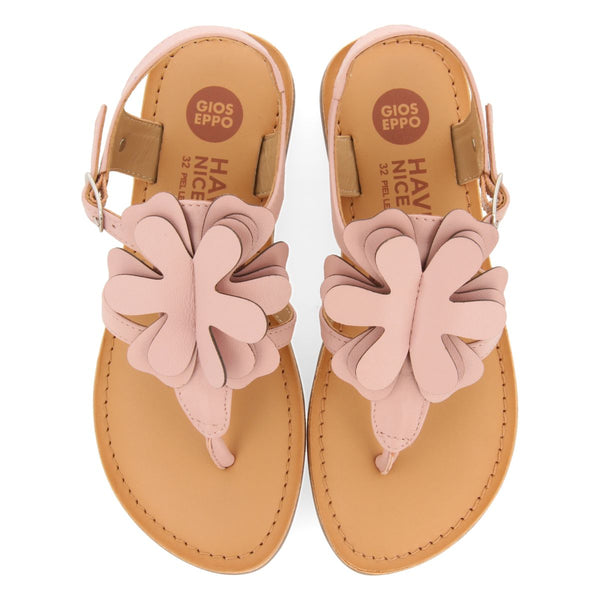 PINK LEATHER GREEK STYLE SANDALS WITH FLOWER DECORATION FOR GIRL AND BOY SUKE