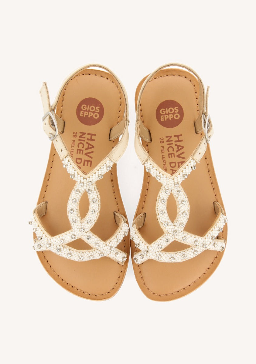SANDALIAS BLANCAS DE PIEL CON ADORNO DE CUENTAS PARA NIÑA Y NIÑO LAZARAT