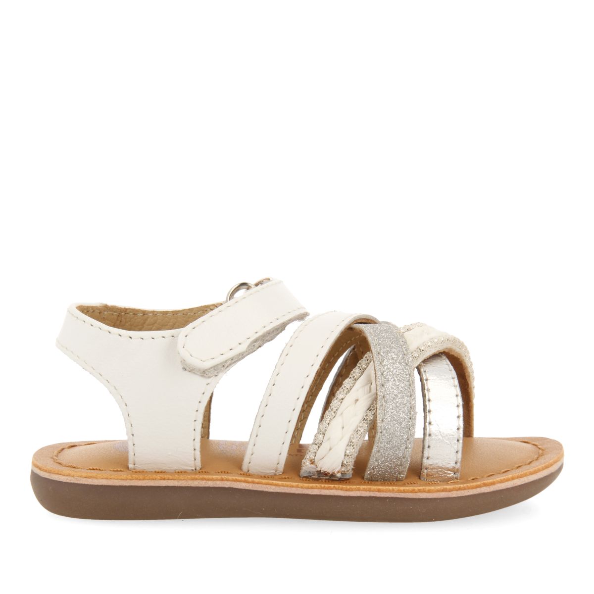 SANDALIAS BLANCAS DE PIEL CON BORDADO EN RAFIA, GLITTER Y ACENTOS METALIZADOS PARA BEBÉ ILOK