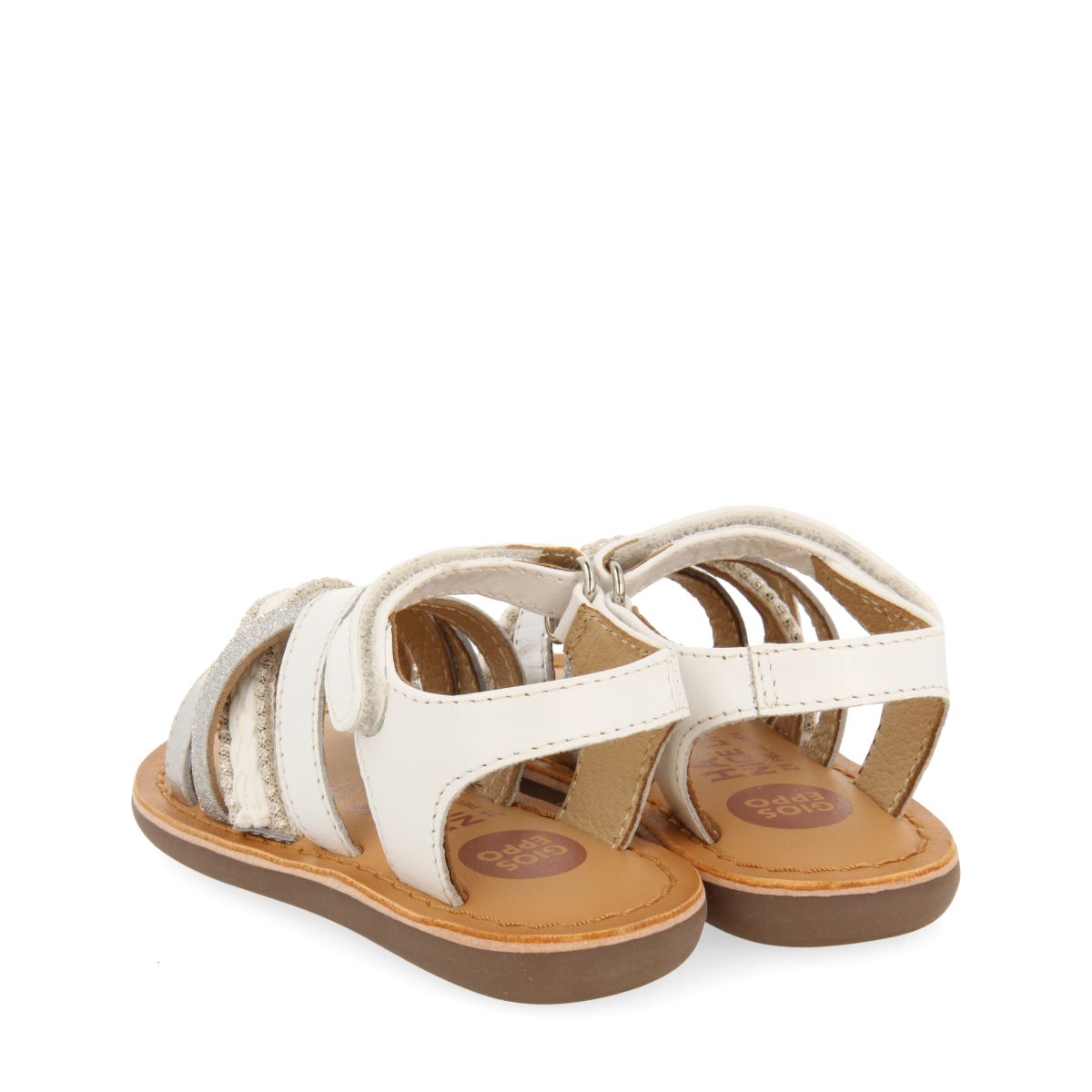 SANDALIAS BLANCAS DE PIEL CON BORDADO EN RAFIA, GLITTER Y ACENTOS METALIZADOS PARA BEBÉ ILOK