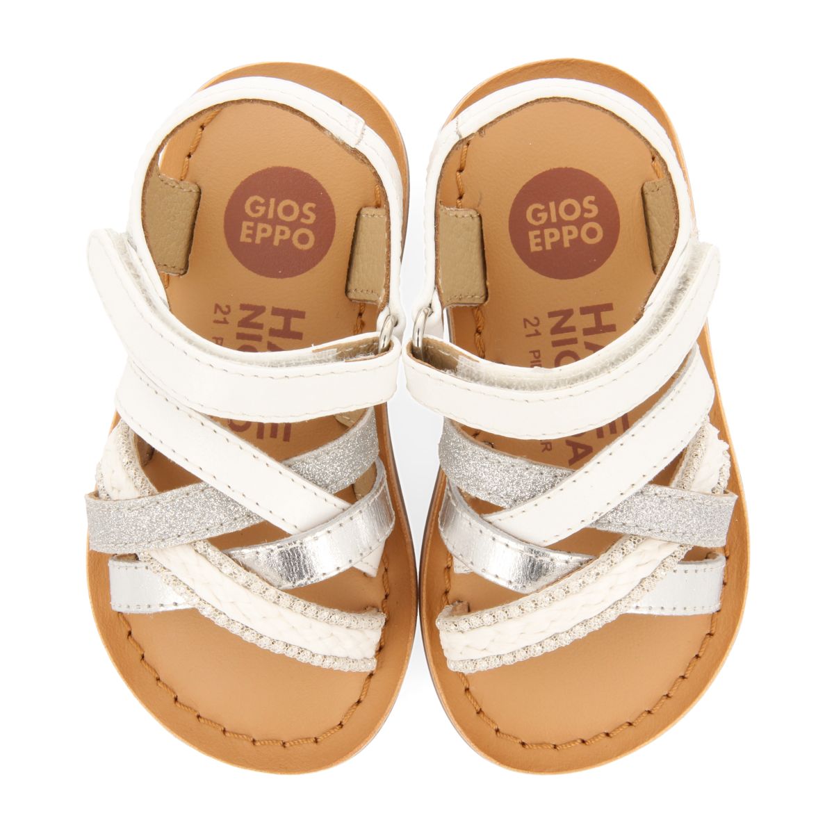 SANDALIAS BLANCAS DE PIEL CON BORDADO EN RAFIA, GLITTER Y ACENTOS METALIZADOS PARA BEBÉ ILOK