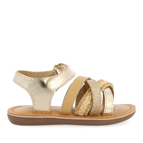 SANDALIAS DORADAS DE PIEL CON BORDADO EN RAFIA, GLITTER Y ACENTOS METALIZADOS PARA BEBÉ ILOK