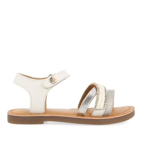 WHITE LEATHER SANDALS WITH RAFFIA BRAIDING, GLITTER AND METALLIC ACCENTS FOR GIRL AND BOY SILETZ