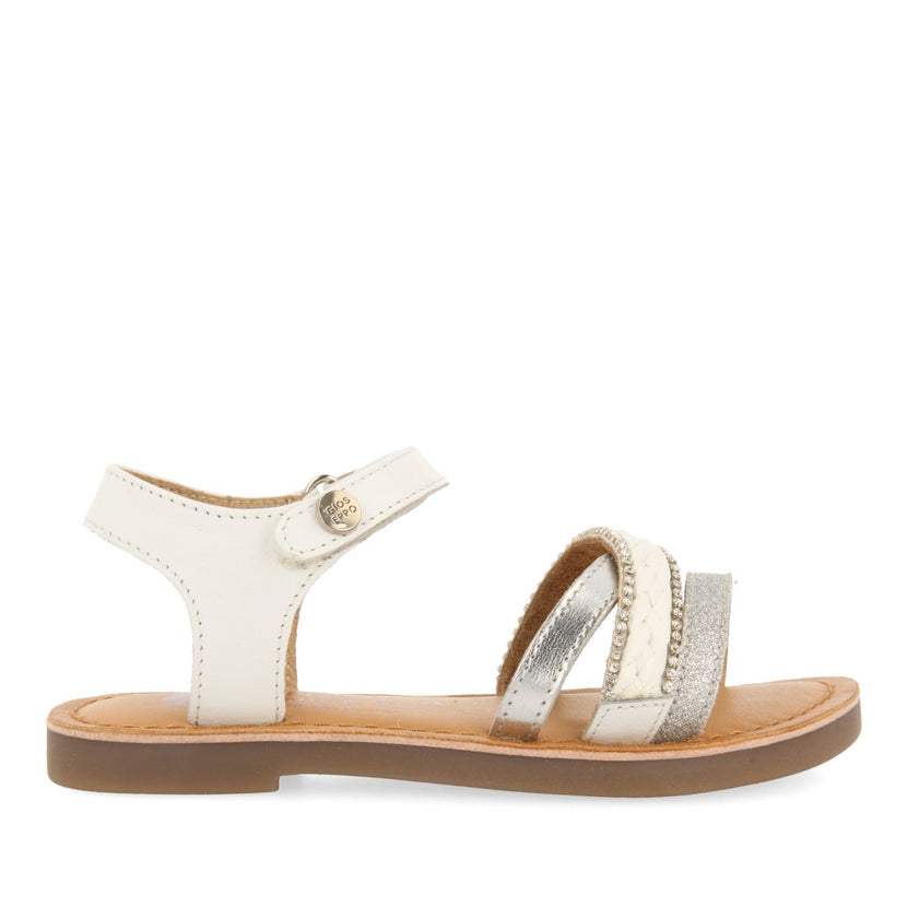 WHITE LEATHER SANDALS WITH RAFFIA BRAIDING, GLITTER AND METALLIC ACCENTS FOR GIRL AND BOY SILETZ