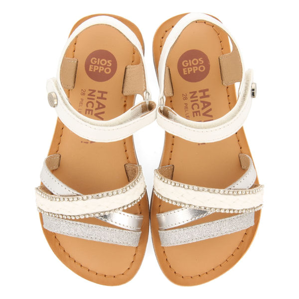 WHITE LEATHER SANDALS WITH RAFFIA BRAIDING, GLITTER AND METALLIC ACCENTS FOR GIRL AND BOY SILETZ