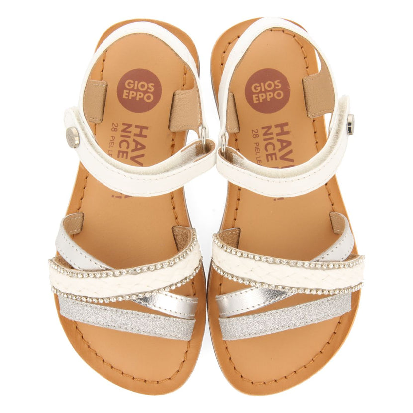 WHITE LEATHER SANDALS WITH RAFFIA BRAIDING, GLITTER AND METALLIC ACCENTS FOR GIRL AND BOY SILETZ