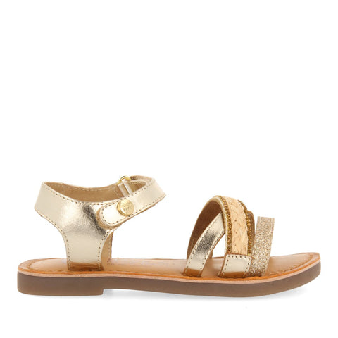 GOLDEN LEATHER SANDALS WITH RAFFIA BRAIDING, GLITTER, AND METALLIC ACCENTS FOR GIRL AND BOY SILETZ
