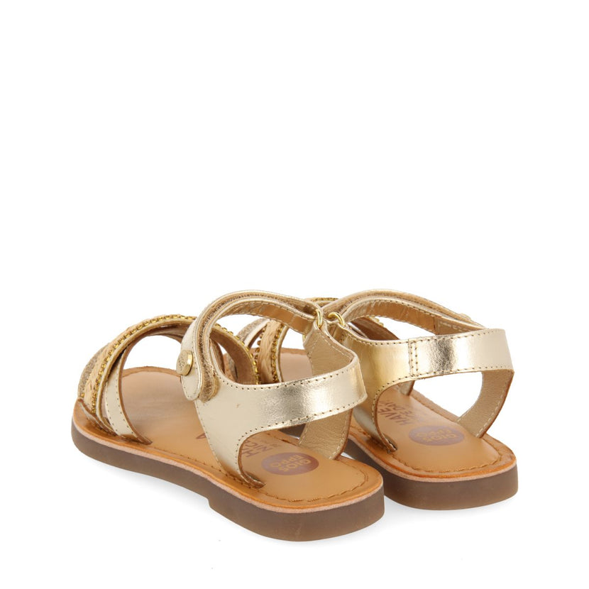 GOLDEN LEATHER SANDALS WITH RAFFIA BRAIDING, GLITTER, AND METALLIC ACCENTS FOR GIRL AND BOY SILETZ
