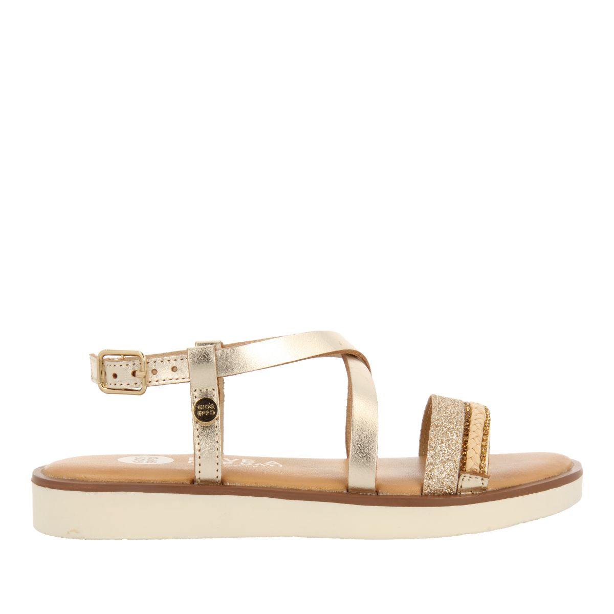 SANDALIAS DORADAS DE PIEL CON TRENZADO, GLITTER Y ACENTOS METALIZADOS PARA NIÑA Y NIÑO MERRILL