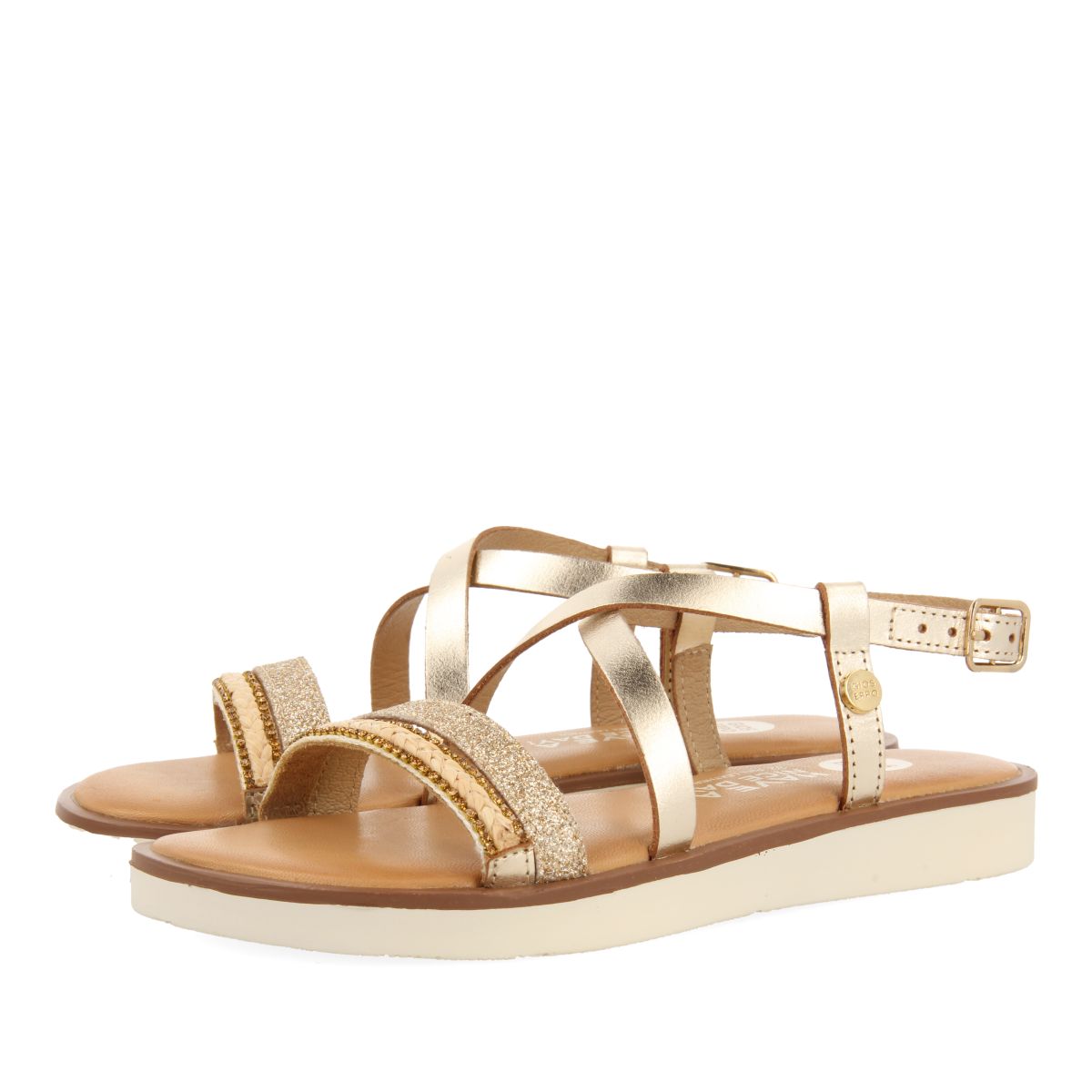SANDALIAS DORADAS DE PIEL CON TRENZADO, GLITTER Y ACENTOS METALIZADOS PARA NIÑA Y NIÑO MERRILL
