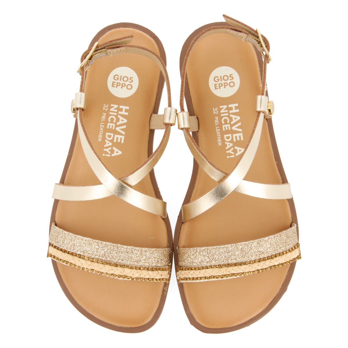 SANDALIAS DORADAS DE PIEL CON TRENZADO, GLITTER Y ACENTOS METALIZADOS PARA NIÑA Y NIÑO MERRILL