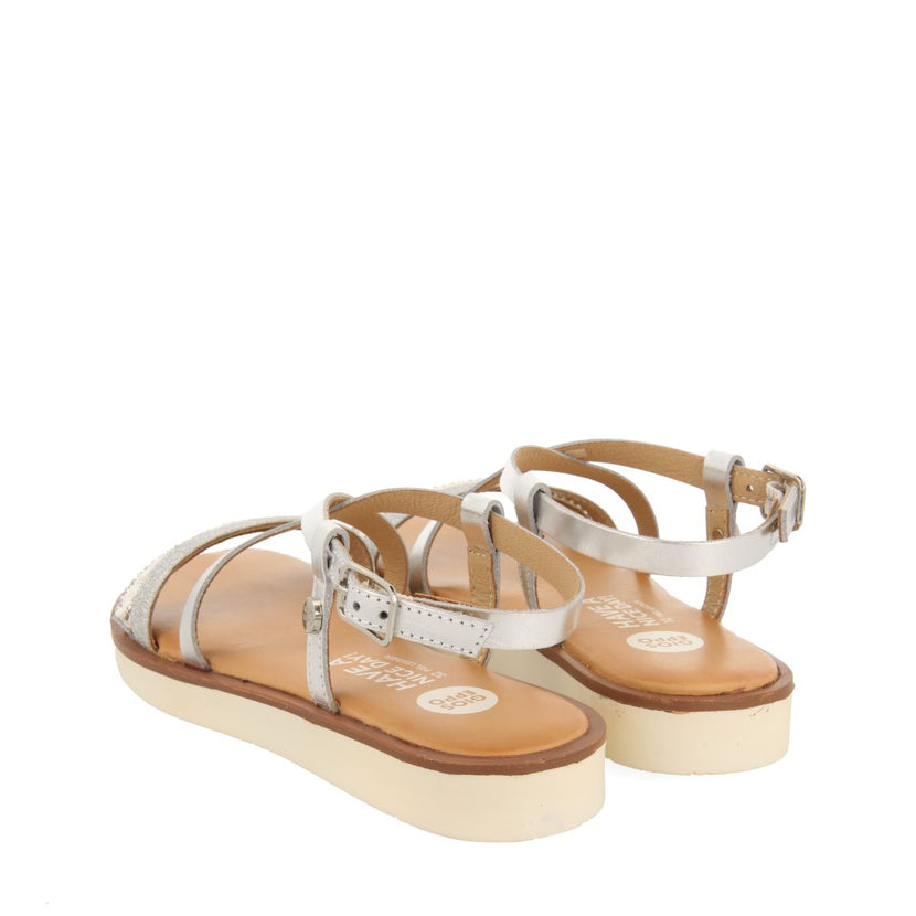 SANDALES EN CUIR ARGENTÉ AVEC TRESSAGE, PAILLETTES ET ACCENTS MÉTALLIQUES POUR FILLE ET GARÇON MERRILL