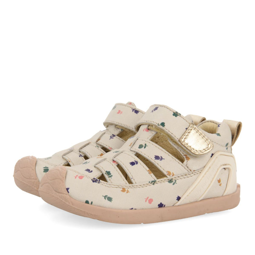 OFF-WHITE LEATHER BABY SANDALS IN CRAB STYLE WITH FLORAL PRINT JACUMBA