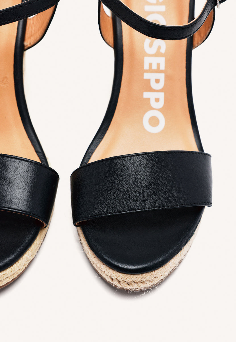 BLACK LEATHER WEDGE SANDALS WITH JUTE FOR WOMEN ZHEPE
