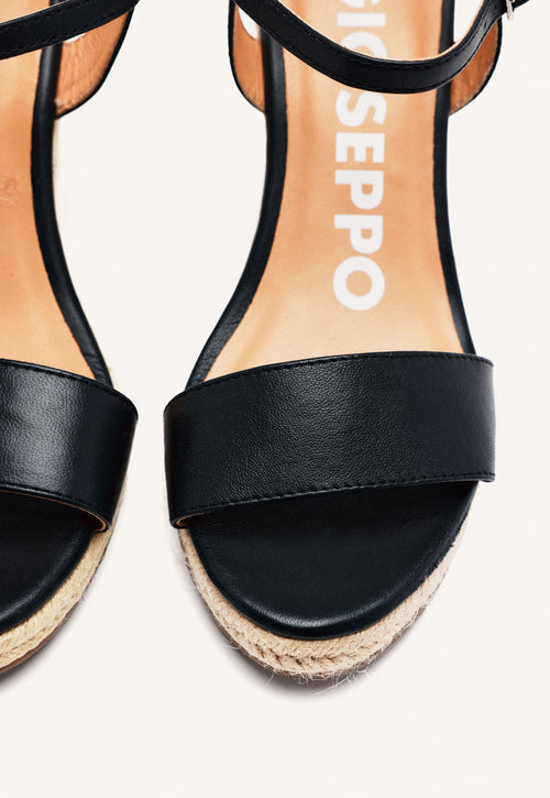 SANDALIAS DE PIEL NEGRAS CON CUÑA DE YUTE PARA MUJER ZHEPE