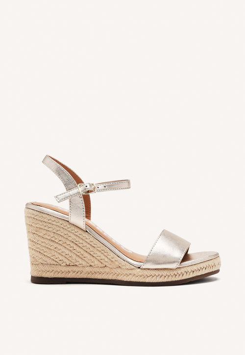 SANDALIAS DE PIEL COLOR PLATINO CON CUÑA DE YUTE PARA MUJER ZHEPE