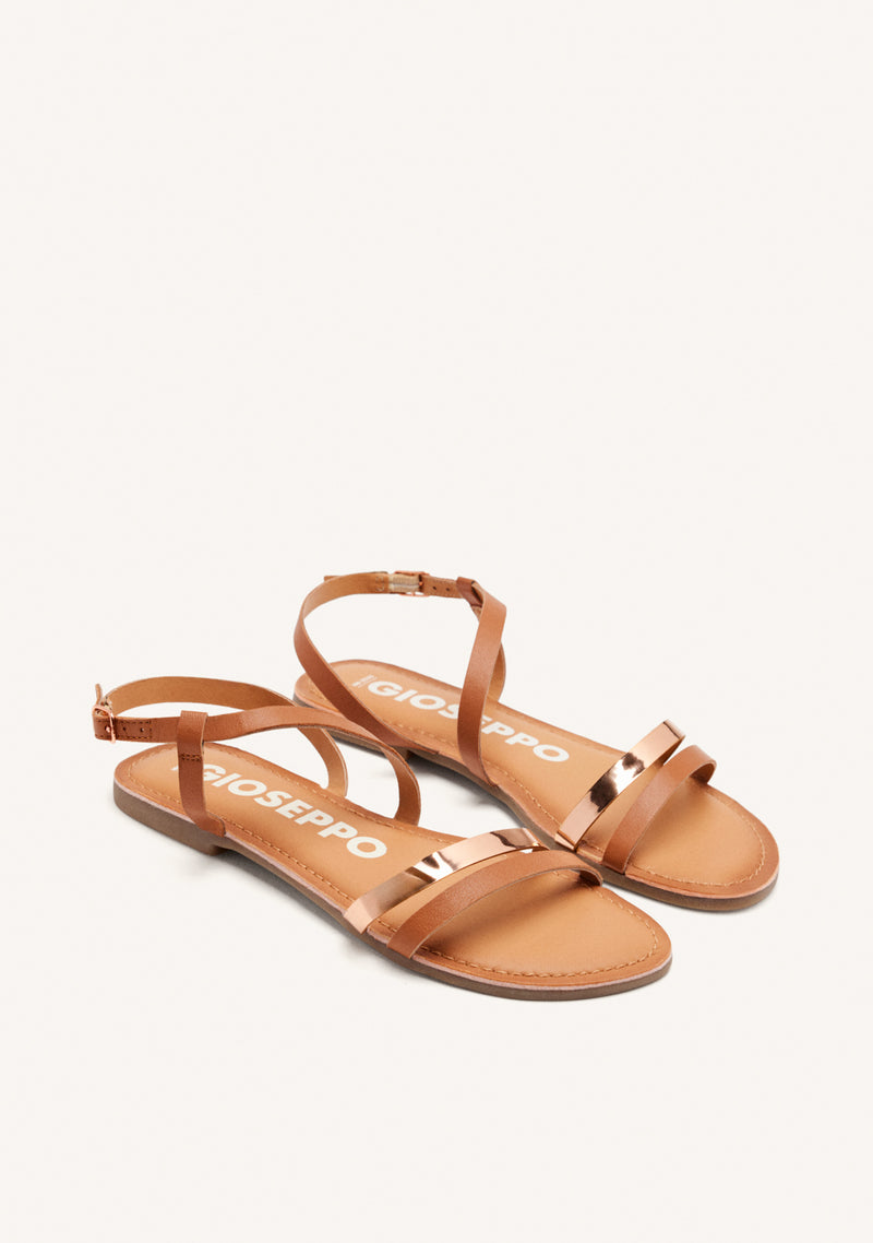 SANDALIAS DE PIEL CON TIRAS COLOR CUERO Y METALIZADO PARA MUJER BARGEME