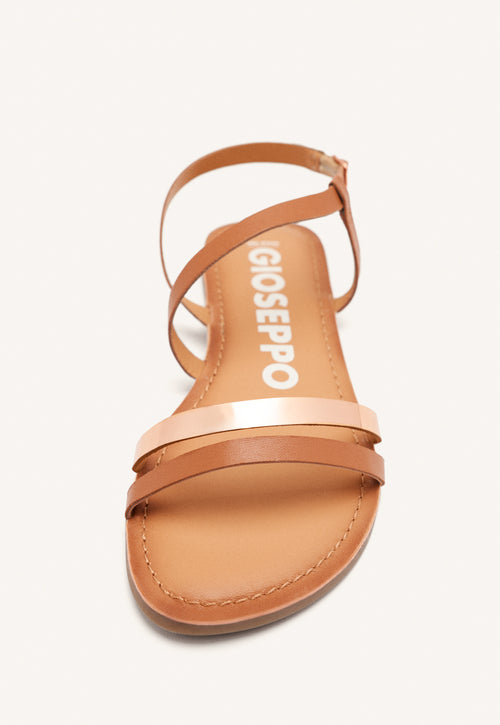 SANDALIAS DE PIEL CON TIRAS COLOR CUERO Y METALIZADO PARA MUJER BARGEME