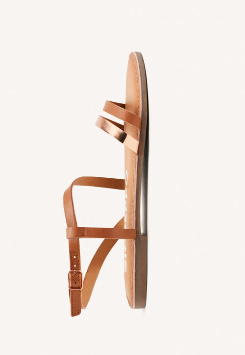 SANDALIAS DE PIEL CON TIRAS COLOR CUERO Y METALIZADO PARA MUJER BARGEME