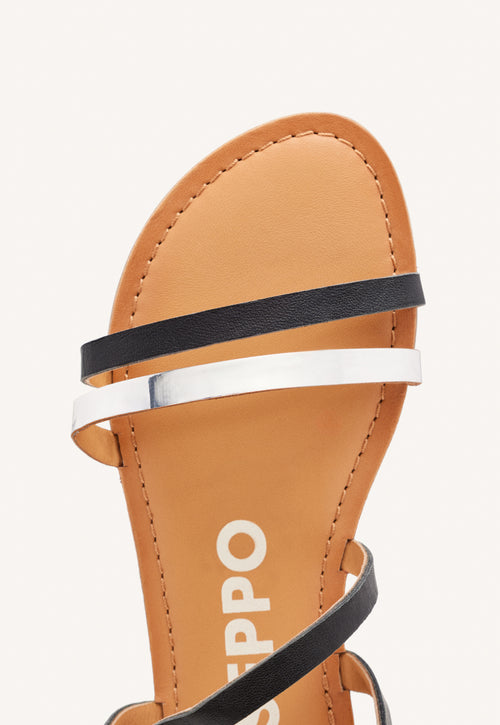SANDALIAS DE PIEL CON TIRAS NEGRAS Y METALIZADAS PARA MUJER BARGEME