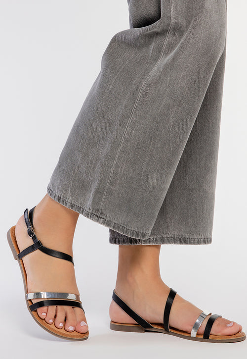SANDALIAS DE PIEL CON TIRAS NEGRAS Y METALIZADAS PARA MUJER BARGEME