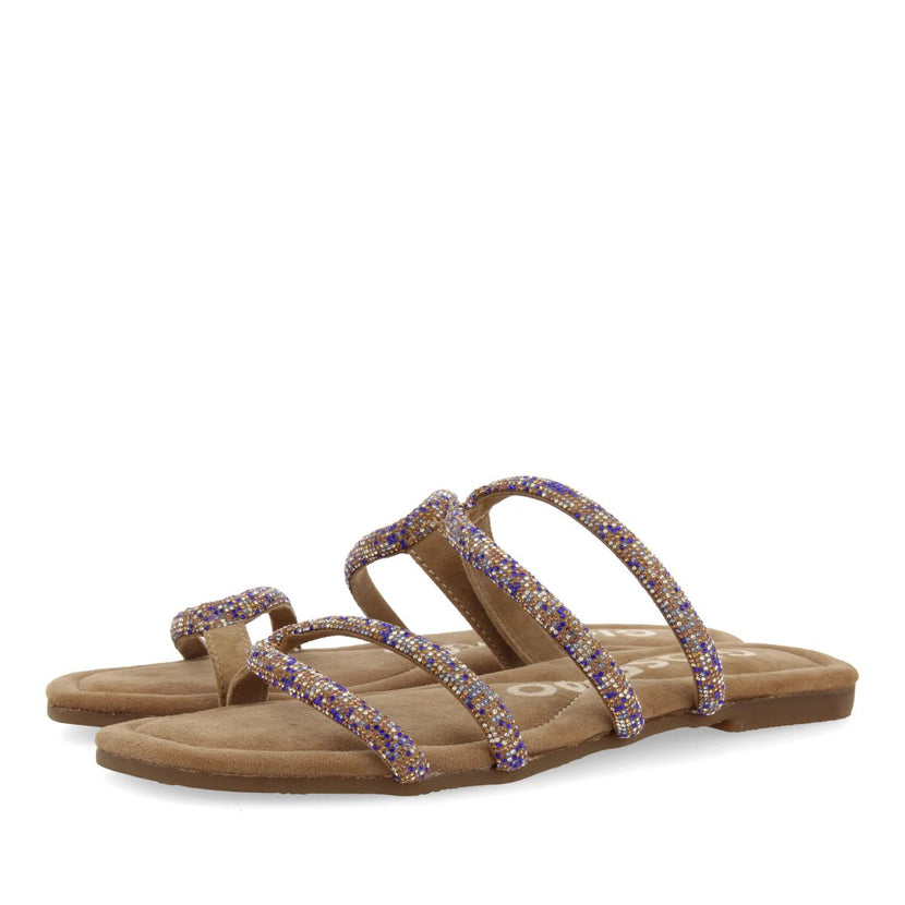 SANDALIAS TAUPE DE PIEL CON TIRAS CON PEDRERÍA PARA MUJER TEMELEC