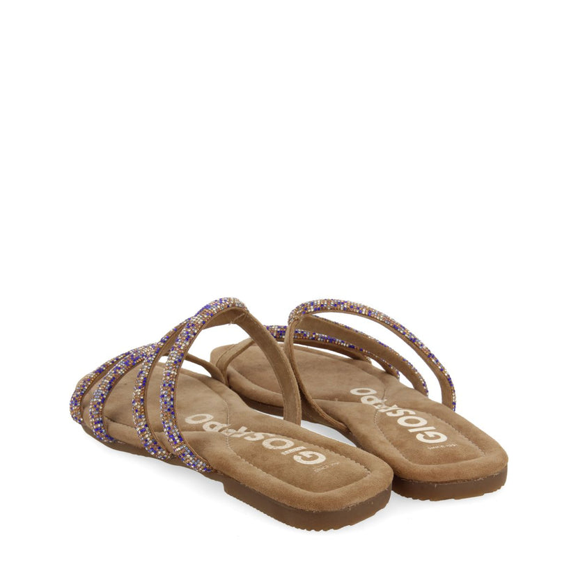 SANDALIAS TAUPE DE PIEL CON TIRAS CON PEDRERÍA PARA MUJER TEMELEC