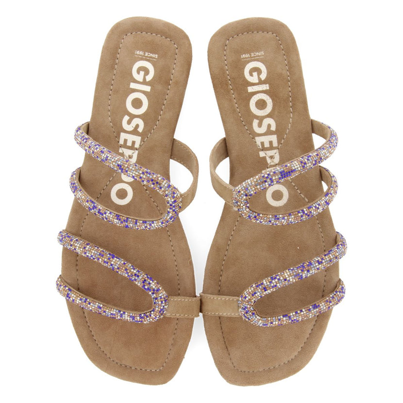 SANDALIAS TAUPE DE PIEL CON TIRAS CON PEDRERÍA PARA MUJER TEMELEC