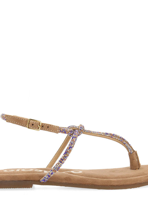 SANDALIAS TAUPE DE PIEL CON TIRAS CON PEDRERÍA PARA MUJER SEFFNER