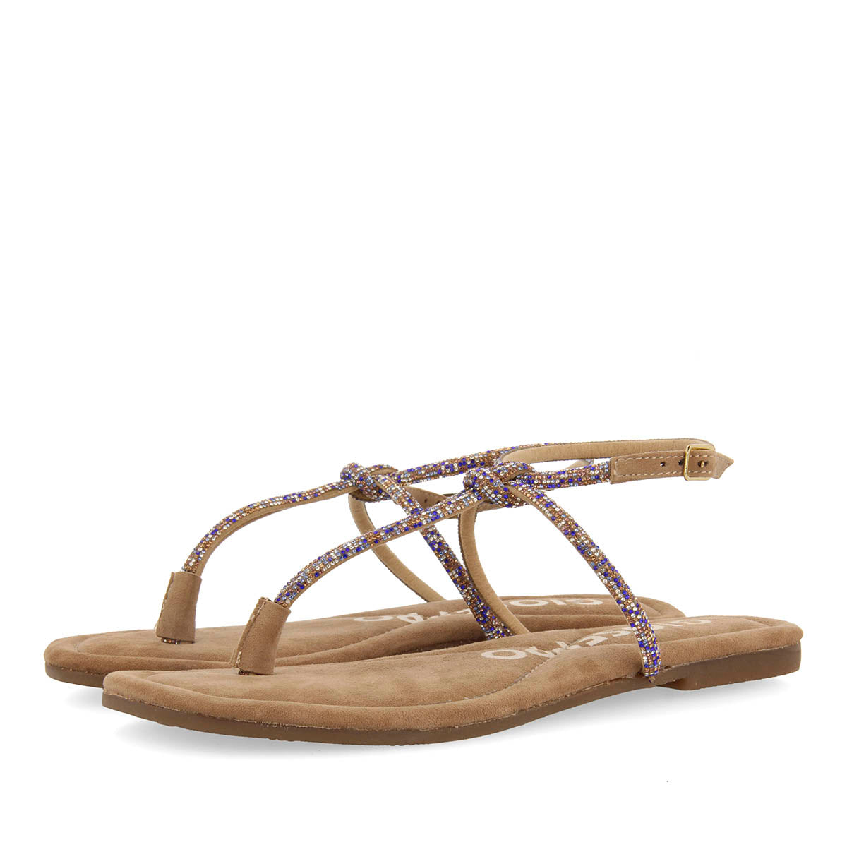 SANDALIAS TAUPE DE PIEL CON TIRAS CON PEDRERÍA PARA MUJER SEFFNER