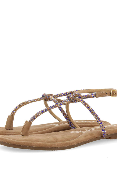 SANDALIAS TAUPE DE PIEL CON TIRAS CON PEDRERÍA PARA MUJER SEFFNER