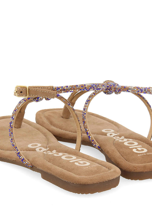 SANDALIAS TAUPE DE PIEL CON TIRAS CON PEDRERÍA PARA MUJER SEFFNER