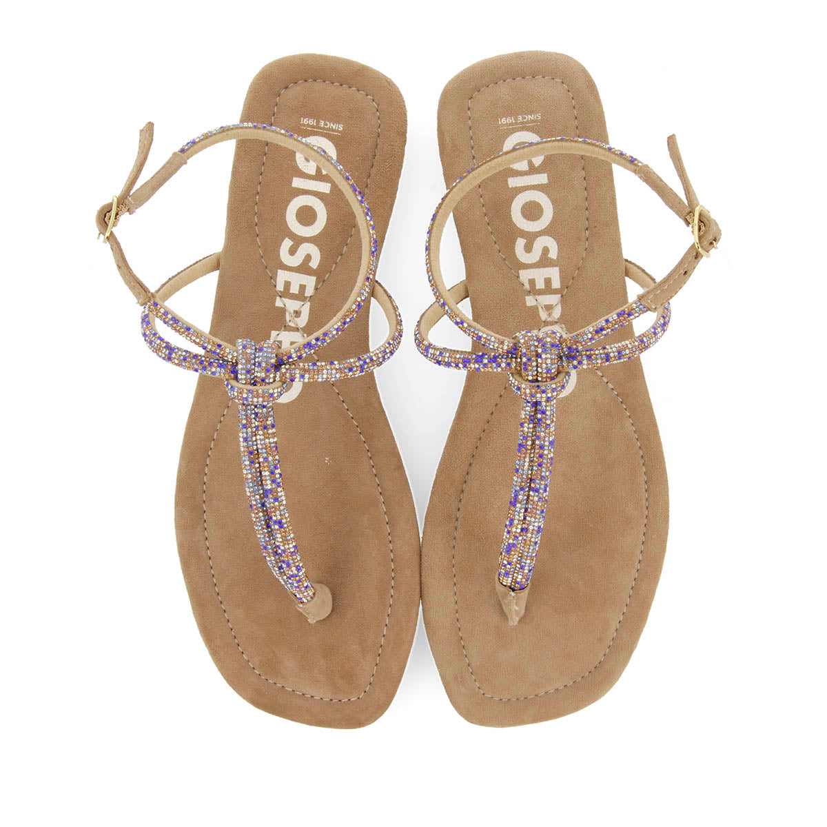 SANDALIAS TAUPE DE PIEL CON TIRAS CON PEDRERÍA PARA MUJER SEFFNER