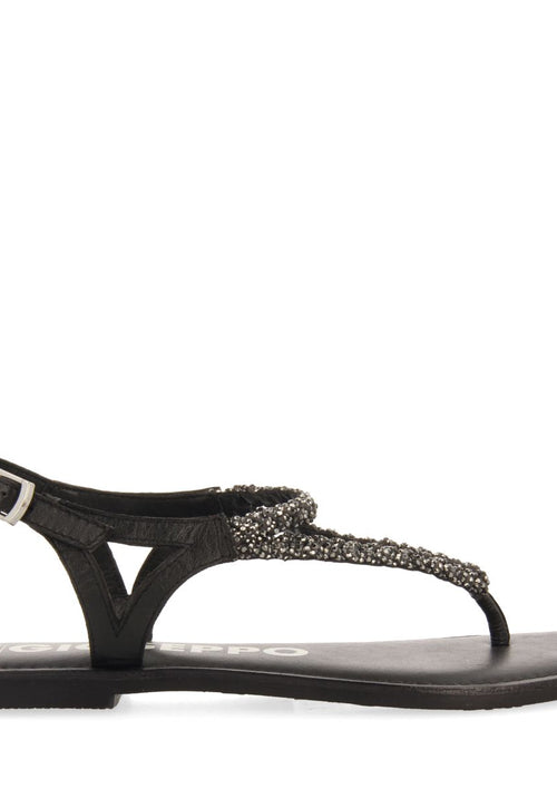 SANDALIAS NEGRAS DE PIEL CON PEDRERÍA PARA MUJER USTICA