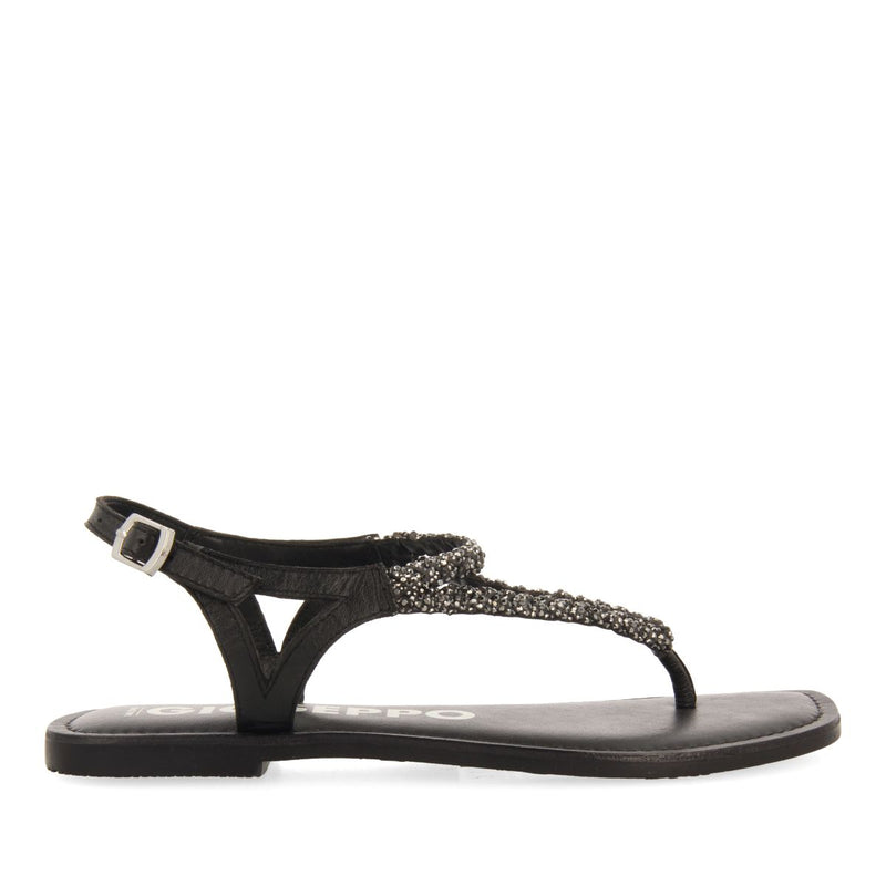 BLACK LEATHER SANDALS WITH EMBELLISHMENTS FOR WOMEN USTICA