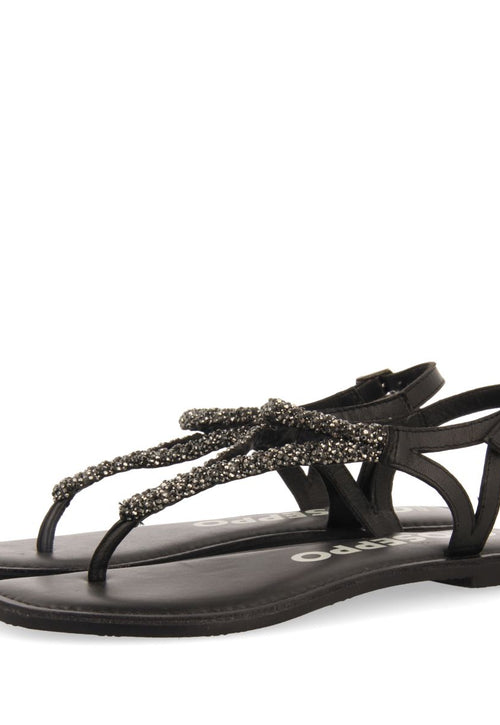 SANDALIAS NEGRAS DE PIEL CON PEDRERÍA PARA MUJER USTICA