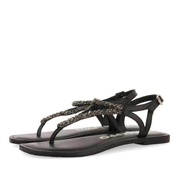 BLACK LEATHER SANDALS WITH EMBELLISHMENTS FOR WOMEN USTICA