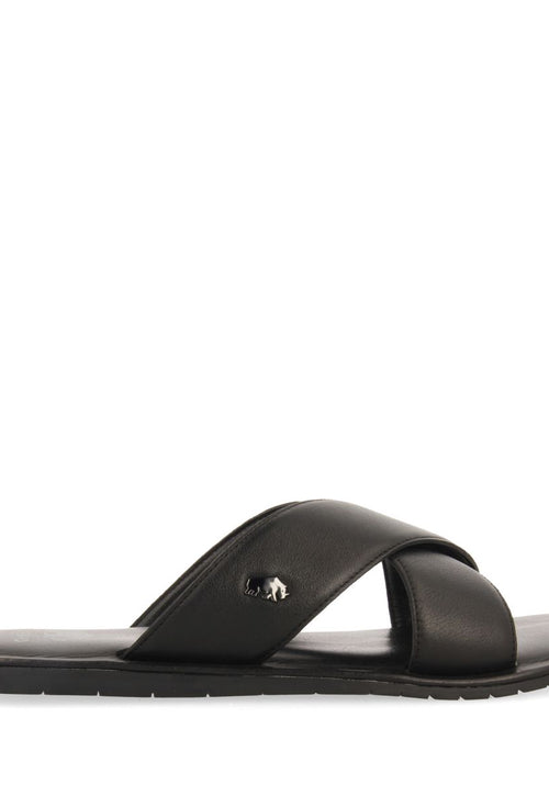 BLACK LEATHER SANDALS WITH CROSS STRAP FOR MEN OROSH