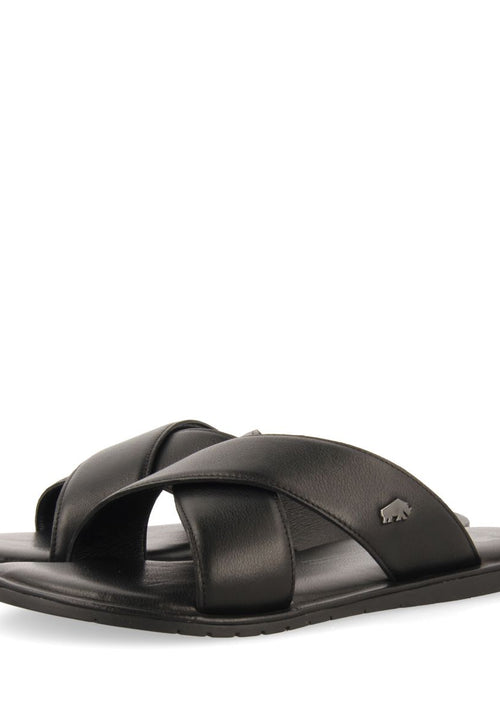 BLACK LEATHER SANDALS WITH CROSS STRAP FOR MEN OROSH