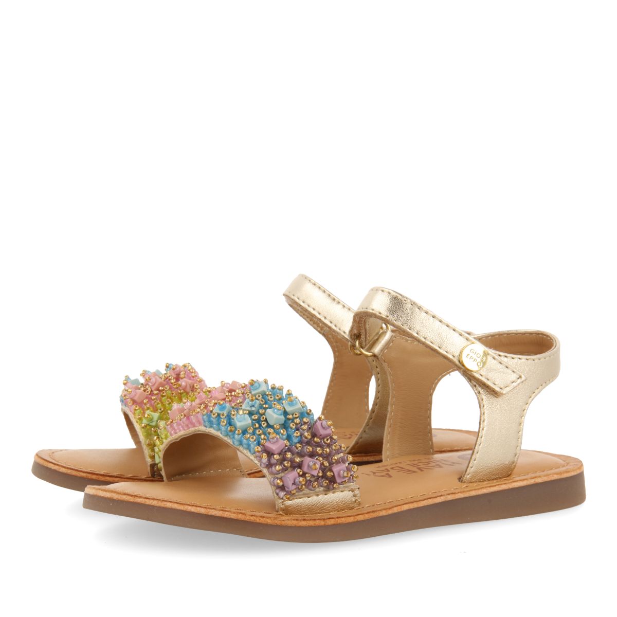SANDALIAS DORADAS DE PIEL CON ADORNOS DE CUENTASMULTICOLOR PARA NIÑA Y NIÑO BLESLE