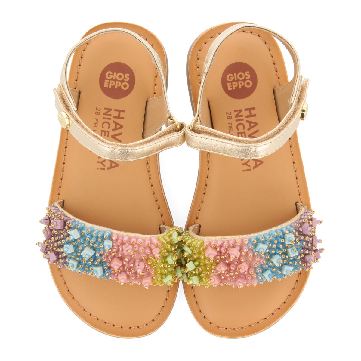 SANDALIAS DORADAS DE PIEL CON ADORNOS DE CUENTASMULTICOLOR PARA NIÑA Y NIÑO BLESLE