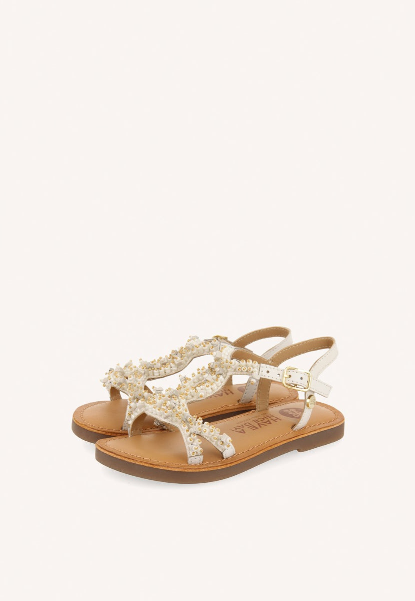 WHITE LEATHER SANDALS WITH BEAD EMBELLISHMENTS FOR GIRL AND BOY TICE