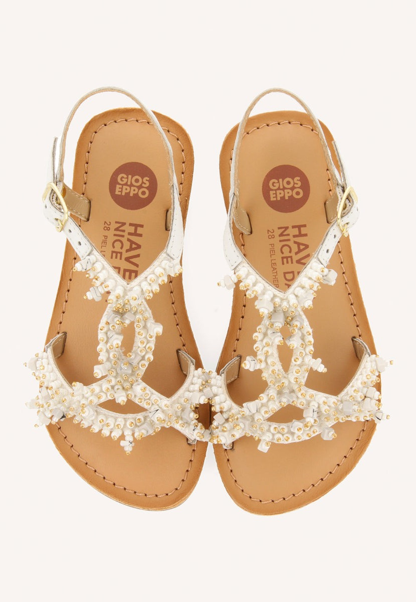 WHITE LEATHER SANDALS WITH BEAD EMBELLISHMENTS FOR GIRL AND BOY TICE
