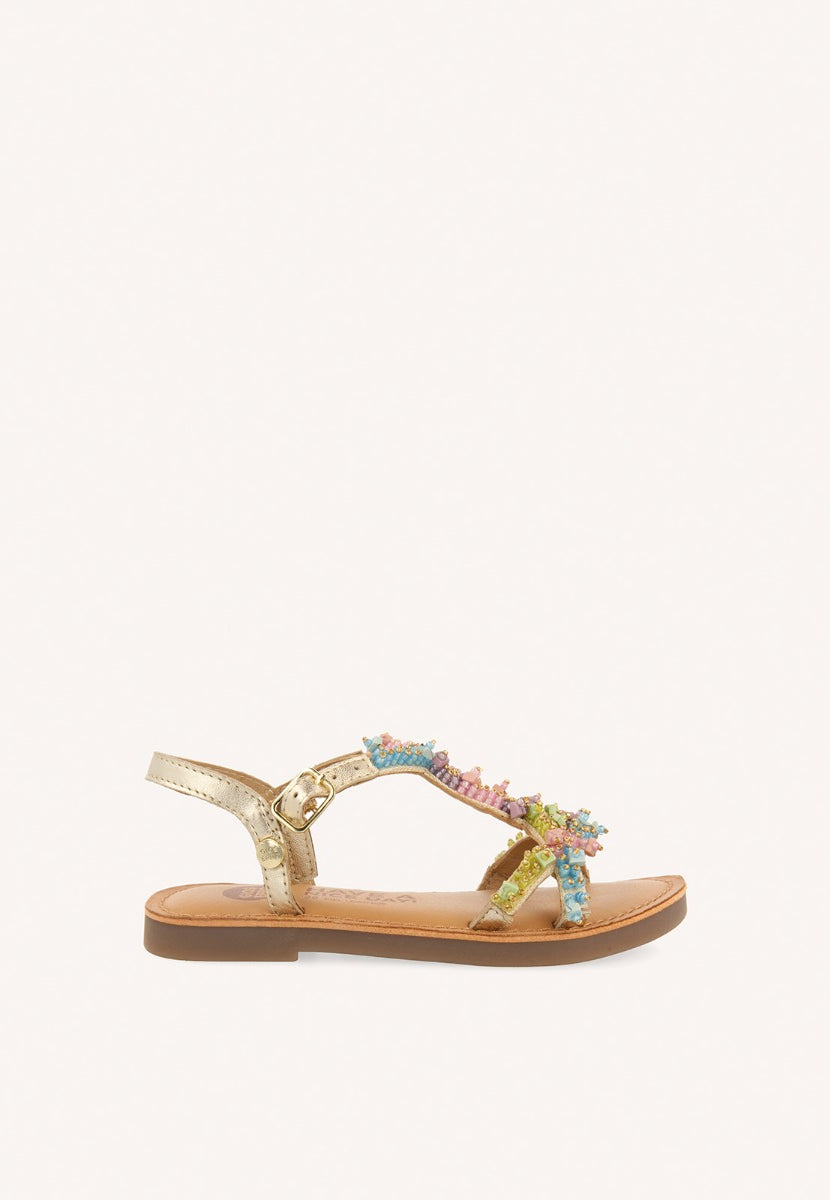 GOLDEN LEATHER SANDALS WITH MULTICOLOR BEAD EMBELLISHMENTS FOR GIRL AND BOY TICE