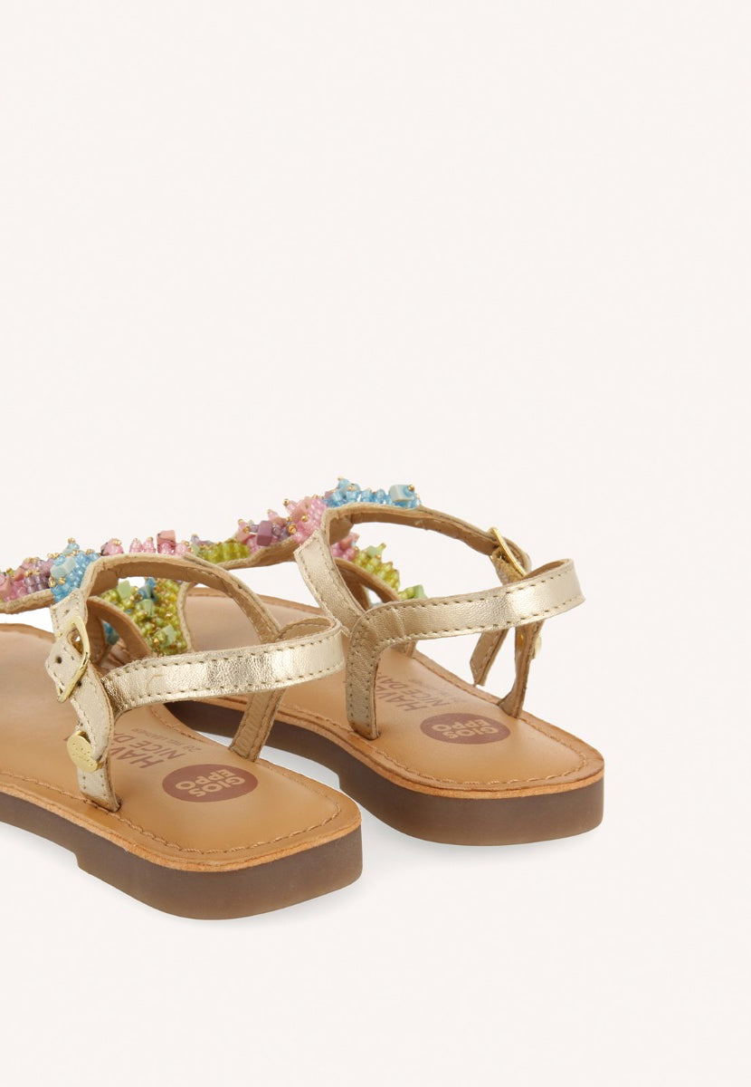 GOLDEN LEATHER SANDALS WITH MULTICOLOR BEAD EMBELLISHMENTS FOR GIRL AND BOY TICE