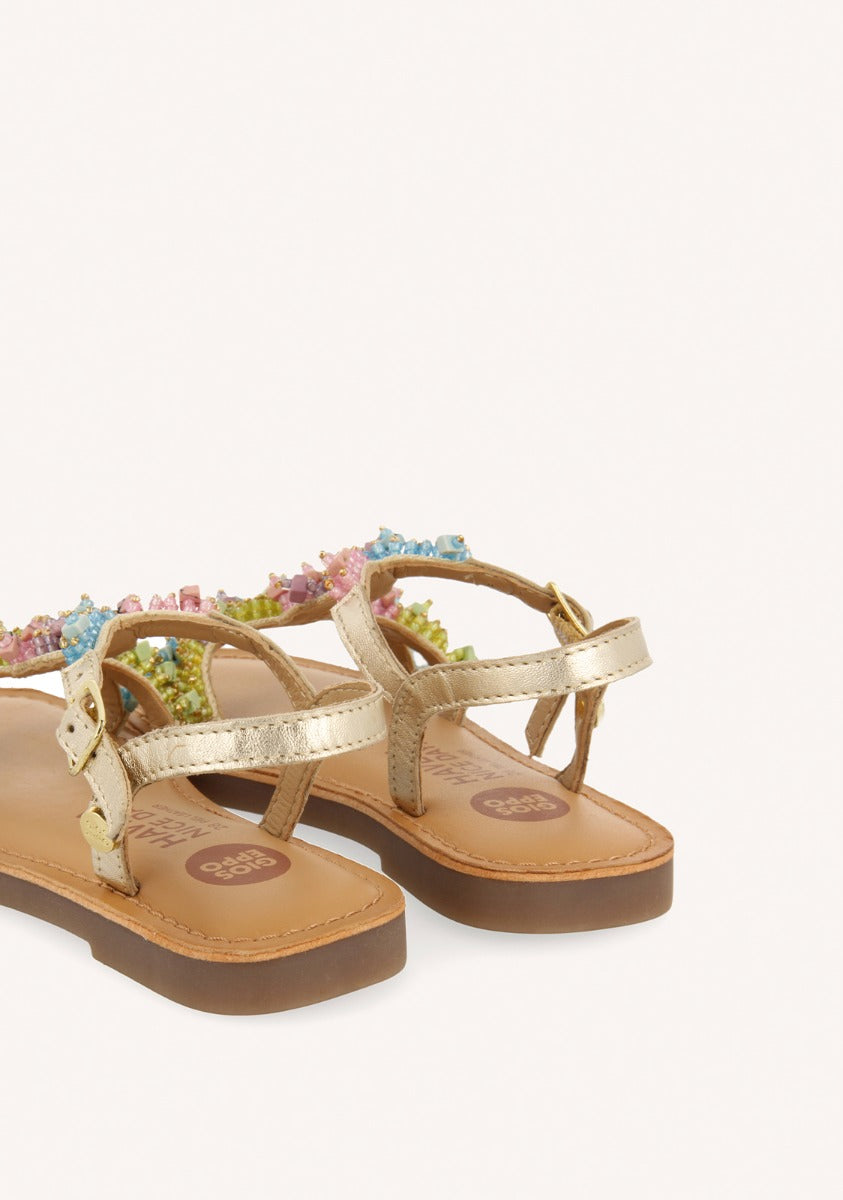 SANDALIAS DORADAS DE PIEL CON ADORNOS DE CUENTASMULTICOLOR PARA NIÑA Y NIÑO TICE